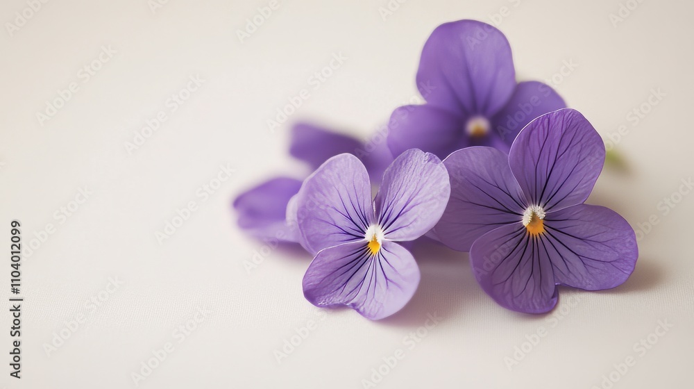 Obraz premium A cluster of delicate purple violets on a soft ivory background, close-up shot, Minimalist style