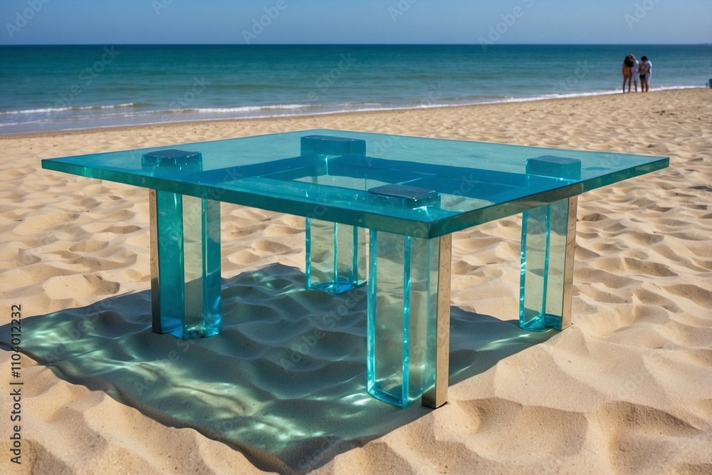 Elegant Glass Table in a Luxury Beach Restaurant Against a Soft Blue Ocean and White Sand Elegant Glass Table in a Luxury Beach Restaurant Against a Soft Blue Ocean and White Sand
