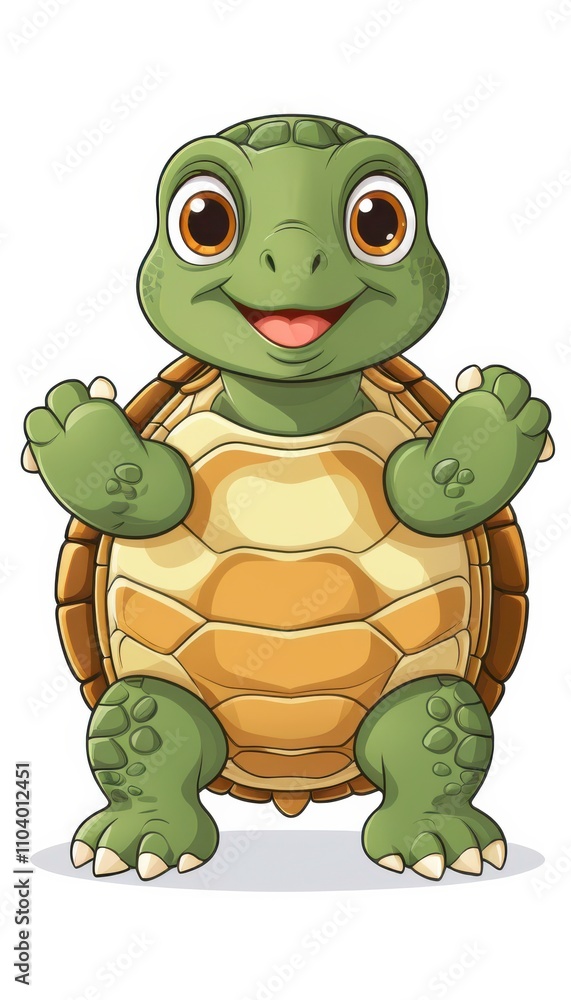 Obraz premium Cute Cartoon Turtle Character Smiling With Outstretched Arms on a White Background. Generative AI