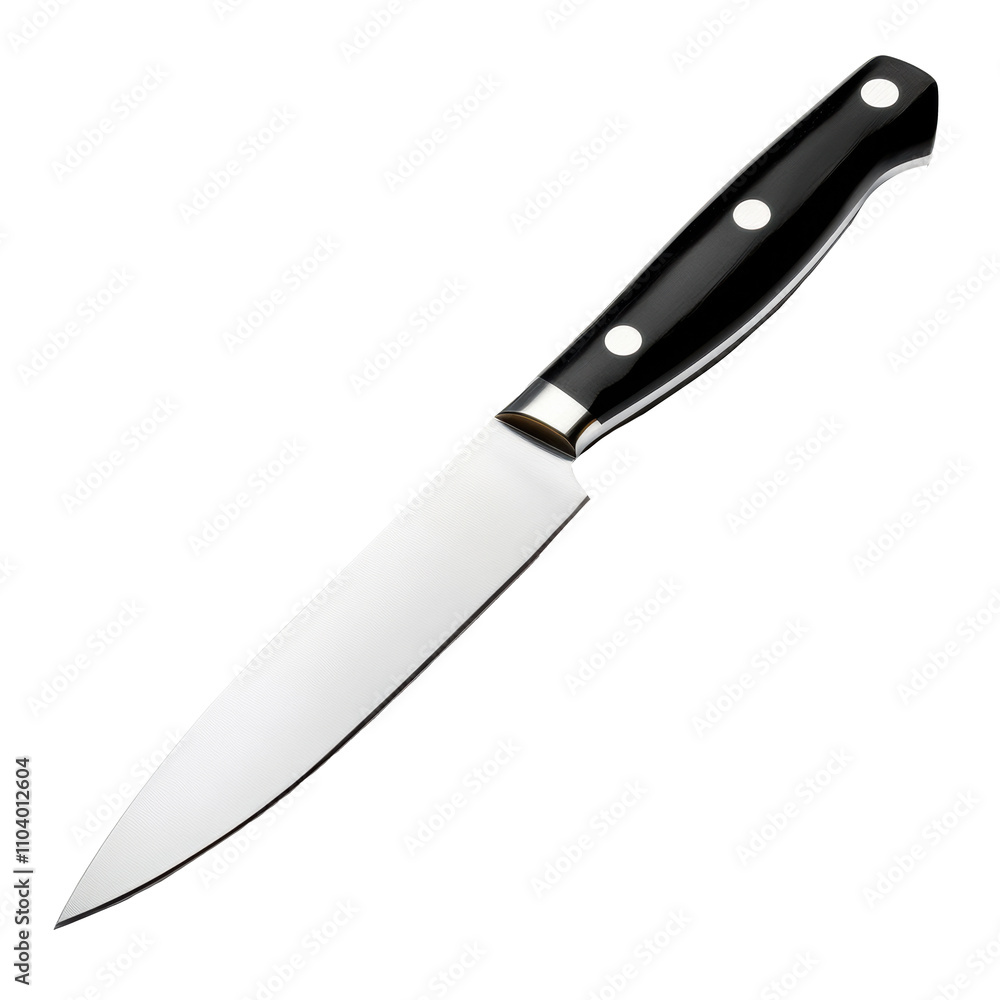 High-quality kitchen knife with a sleek black handle design on transported background High-quality kitchen knife with a sleek black handle design on transported background