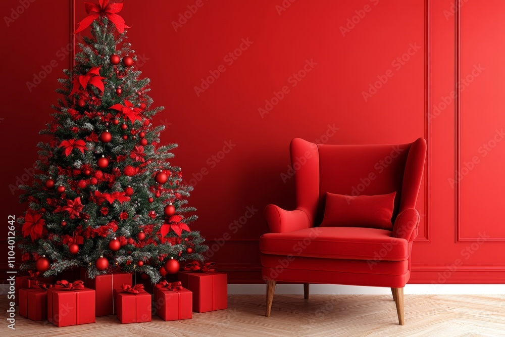 A cozy red room features a vibrant Christmas tree, adorned with sparkling ornaments, beside a plush red chair, radiating warmth and festive cheer. A cozy red room features a vibrant Christmas tree, adorned with sparkling ornaments, beside a plush red chair, radiating warmth and festive cheer.