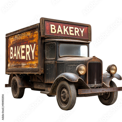 Vintage bakery truck parked outside a rustic bakery shop  on  transported background  photo