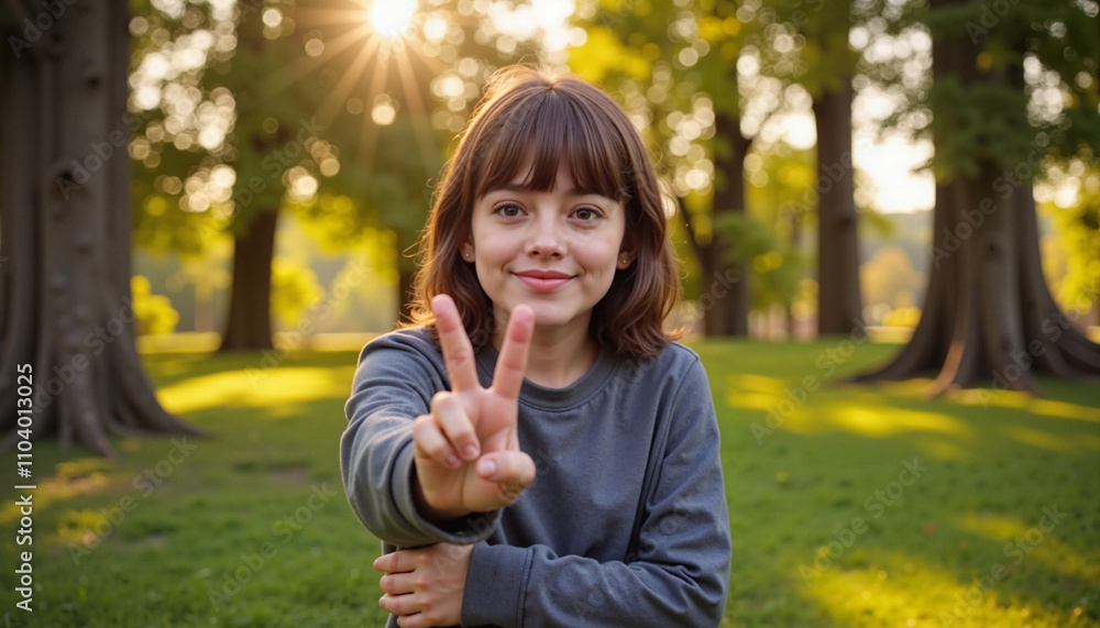 Smiling Child Showing Peace Sign in a Green Park Smiling Child Showing Peace Sign in a Green Park