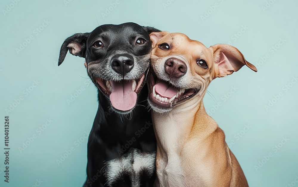 Studio shot of two happy dogs hugging, in photorealistic detail, captured with a full-body perspective and a solid light blue background. Studio shot of two happy dogs hugging, in photorealistic detail, captured with a full-body perspective and a solid light blue background.