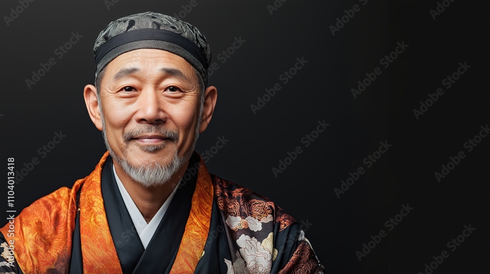 Portrait of an elderly Asian man wearing traditional Asian clothing with intricate patterns, smiling against a dark background, emphasizing cultural attire and facial expression. Portrait of an elderly Asian man wearing traditional Asian clothing with intricate patterns, smiling against a dark background, emphasizing cultural attire and facial expression.