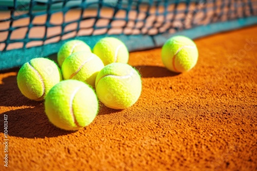 A collection of tennis balls placed on a tennis court, ready for play