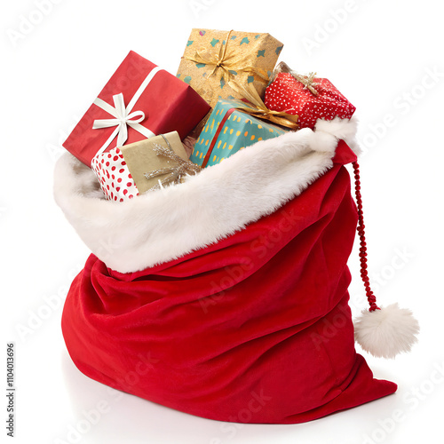 Santa Claus Bag Filled with Gifts Isolated on White Background for Christmas Celebrations