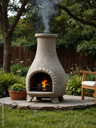 A chimenea in a cozy garden setting.