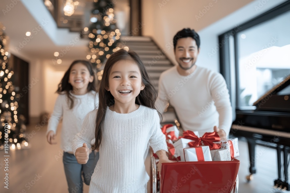 Two cheerful siblings, accompanied by their father, are excitedly pulling a cart of wrapped gifts through a beautifully decorated holiday space filled with joy and warmth. Two cheerful siblings, accompanied by their father, are excitedly pulling a cart of wrapped gifts through a beautifully decorated holiday space filled with joy and warmth.