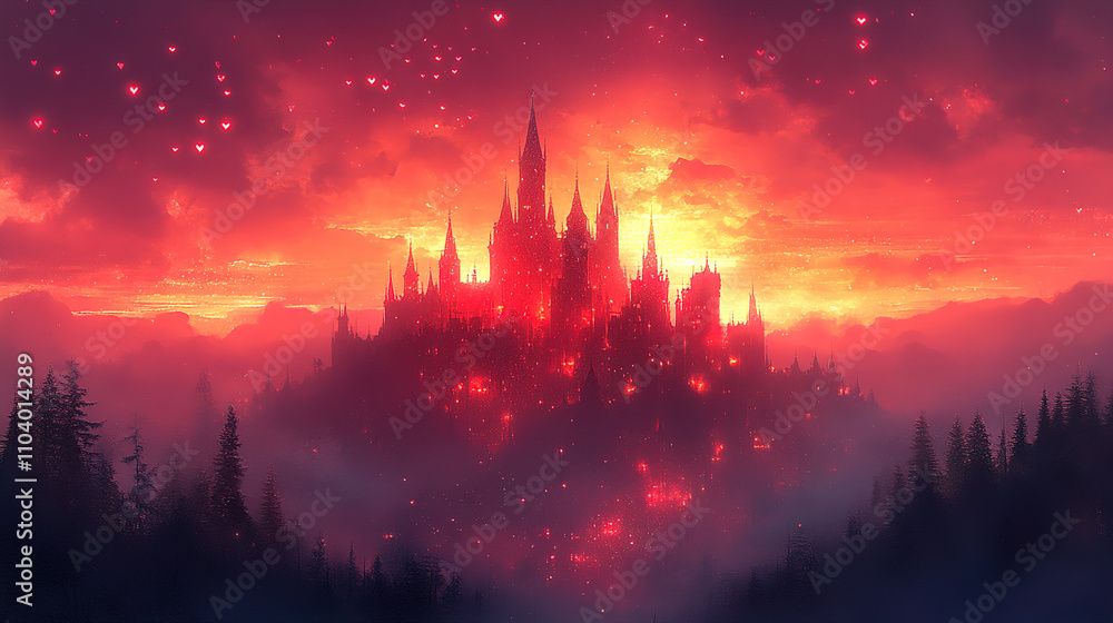 Mysterious dark castle illuminated by a fiery sunset over an enchanted forest landscape in a fantasy realm. Generative AI Mysterious dark castle illuminated by a fiery sunset over an enchanted forest landscape in a fantasy realm. Generative AI