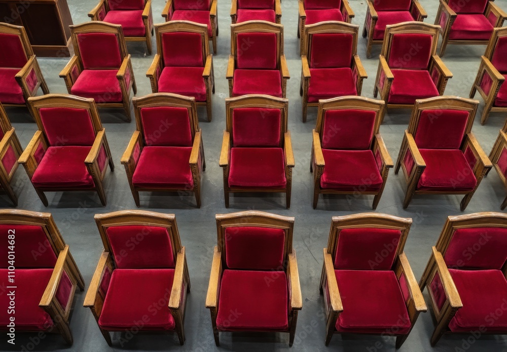 Obraz premium Rows of Red Velvet Chairs in a Conference Hall with Wooden Frames, Symmetrical Arrangement and Modern Aesthetic Appeal for Meeting Spaces