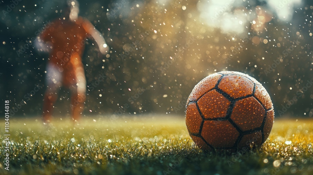 Naklejka premium Wet soccer ball lies on a lush green field during a sunset rain shower, with a blurred soccer player in the background, creating a dramatic and evocative scene of anticipation