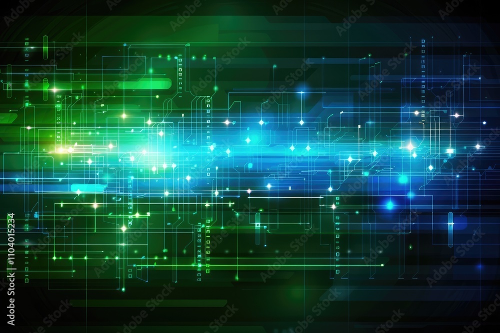 Abstract digital background with glowing lines and circuits in green and blue hues. Abstract digital background with glowing lines and circuits in green and blue hues.