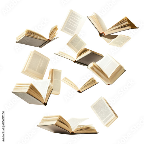 Books floating in mid-air create an enchanting visual display  on  transported background 