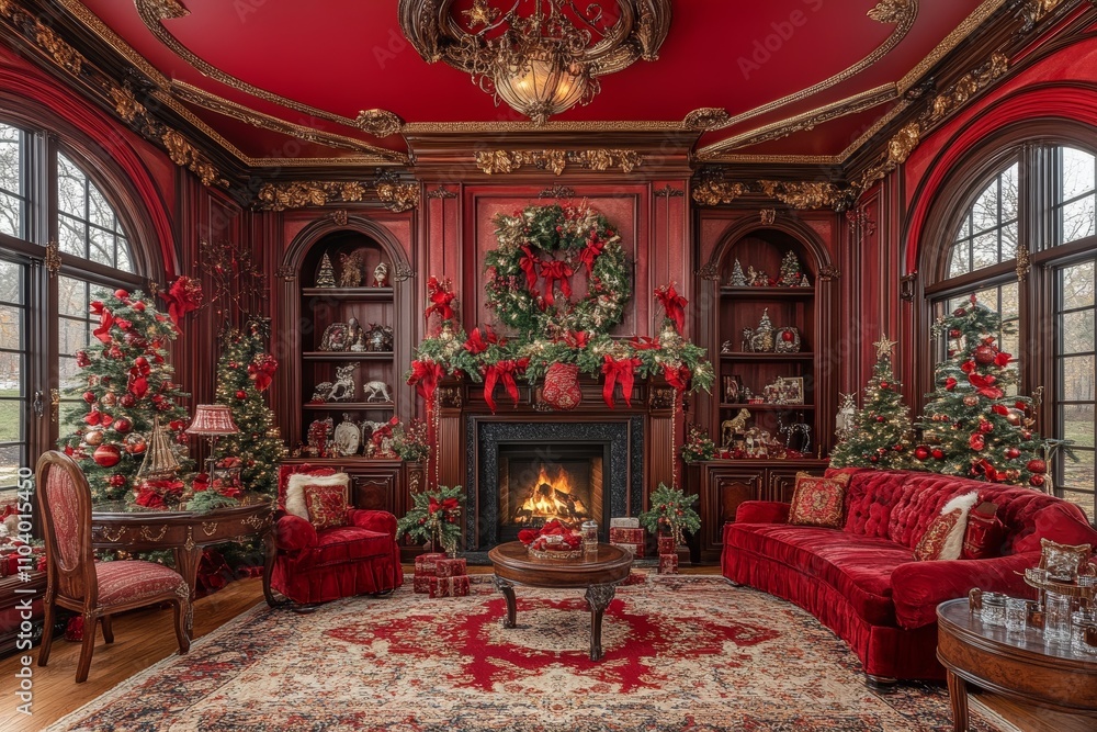 A cozy room with warm red walls, a glowing fireplace, and festive decorations, radiating the spirit of Christmas cheer and holiday joy. A cozy room with warm red walls, a glowing fireplace, and festive decorations, radiating the spirit of Christmas cheer and holiday joy.