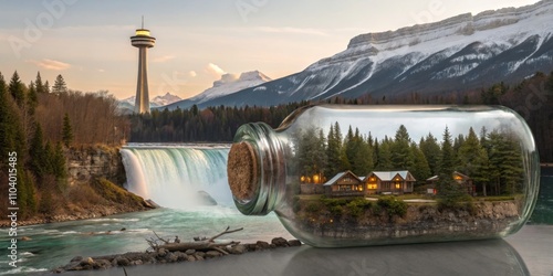 Creative depiction of a cabin in a jar near a waterfall with mountains in the background at sunset