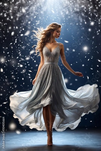 Silhouette of a Woman in a Dress Dancing Against a Wall with Sparkling Snowflakes