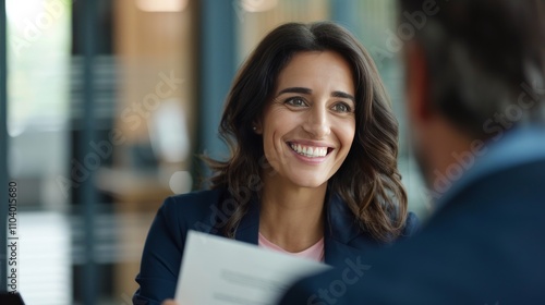Fototapeta Naklejka Na Ścianę i Meble -  Smiling mature business woman hr holding cv document at job interview. Happy mid aged professional banking manager or lawyer consulting client sitting at workplace in corporate office meeting.