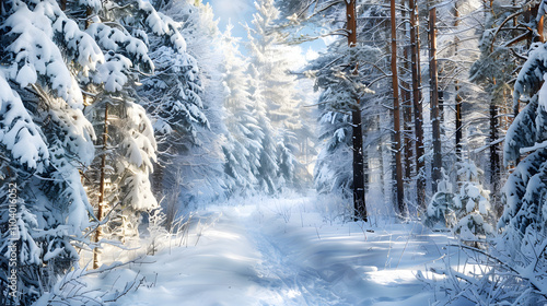 Tranquil Forest Wonderland: Majestic Pines and Pristine Snow Under a Brilliant Blue Sky