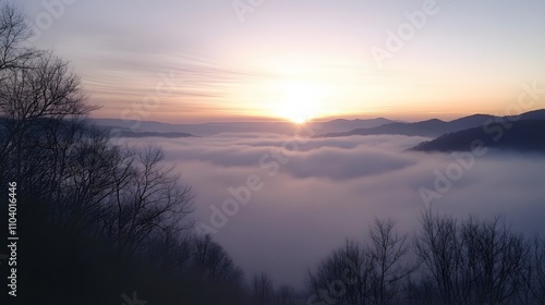 Sunrise Over Foggy Mountain Valley Landscape