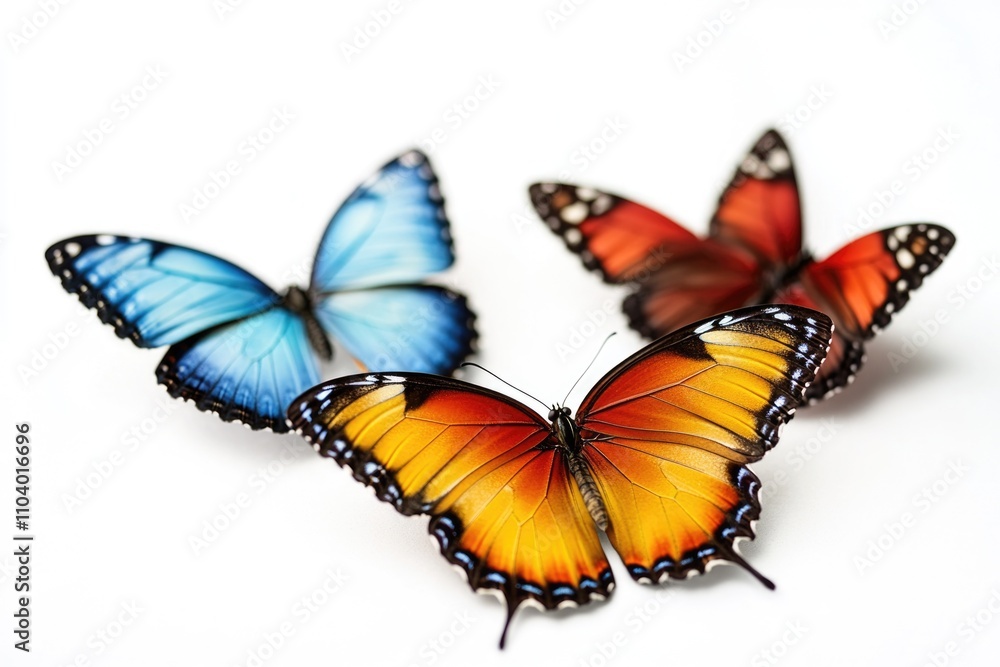 Naklejka premium A close-up shot of three colorful butterflies sitting on a white surface