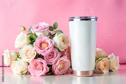 Blank tumbler mockup surrounded by pastel roses on a pink background with copy space, perfect for showcasing designs for spring, weddings, or Mother's Day.