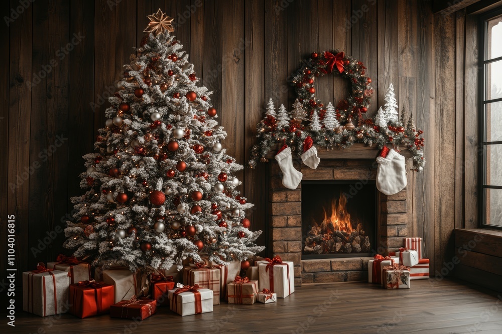 A majestic Christmas tree adorned with twinkling lights and colorful ornaments stands before a cozy fireplace, surrounded by beautifully wrapped presents. A majestic Christmas tree adorned with twinkling lights and colorful ornaments stands before a cozy fireplace, surrounded by beautifully wrapped presents.
