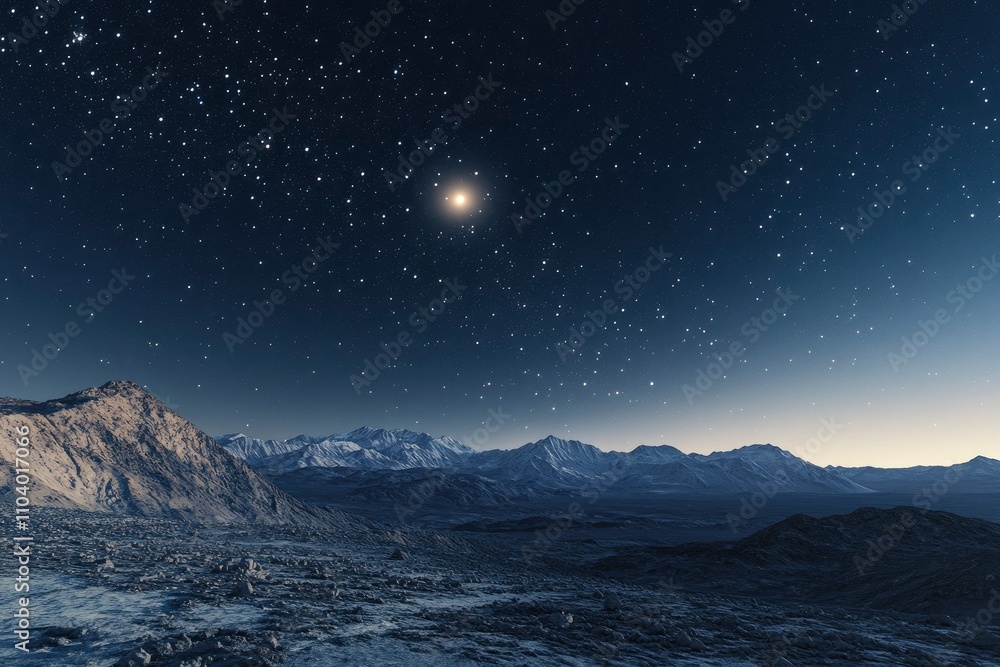 Panorama view of Night sky and moon, stars,Ramadan Kareem celebration.Serenity mountain background, outdoor. Panorama view of Night sky and moon, stars,Ramadan Kareem celebration.Serenity mountain background, outdoor.