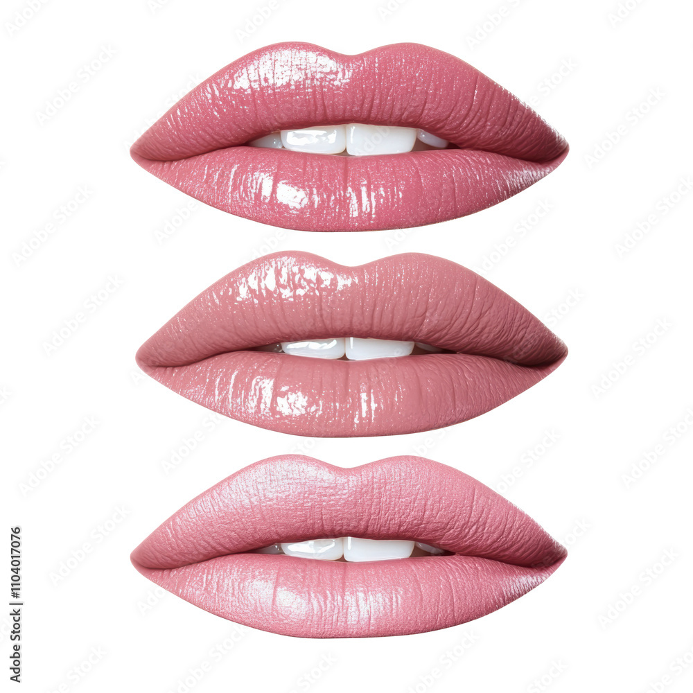 Variety of lip colors displayed on natural lips on transported background Variety of lip colors displayed on natural lips on transported background
