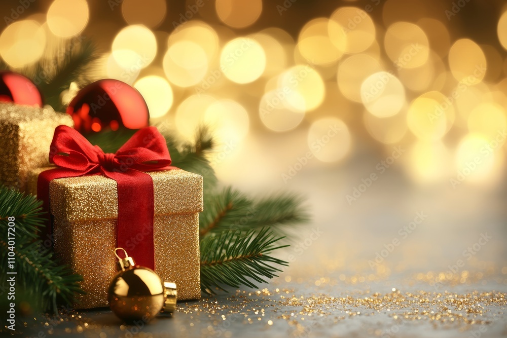 A beautifully wrapped gift box adorned with a vibrant red ribbon and an elegant gold bow, ready to bring joy and surprise this Christmas season. A beautifully wrapped gift box adorned with a vibrant red ribbon and an elegant gold bow, ready to bring joy and surprise this Christmas season.