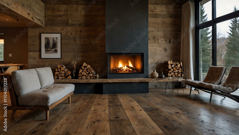 Fototapeta premium A cozy fireplace illuminates a rustic wooden floor, creating a welcoming atmosphere perfect for relaxation.