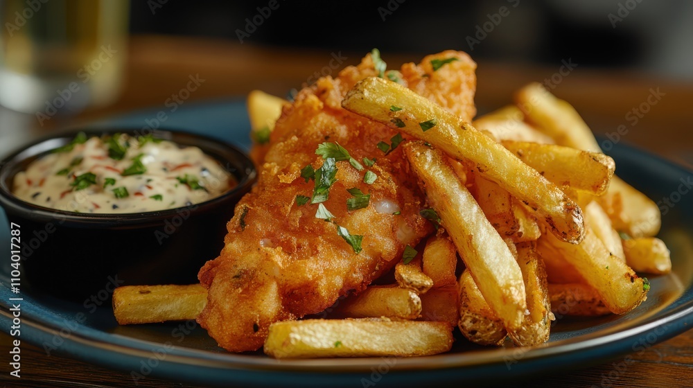 A traditional English fish and chips with golden fried fish, crispy fries, and a side of tartar sauce A traditional English fish and chips with golden fried fish, crispy fries, and a side of tartar sauce