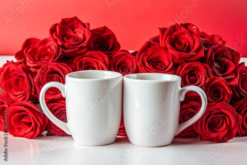 wo white ceramic mugs mockup surrounded by lush red roses on a white surface with a red background. Perfect for Valentine's Day, anniversaries, and romantic branding designs.