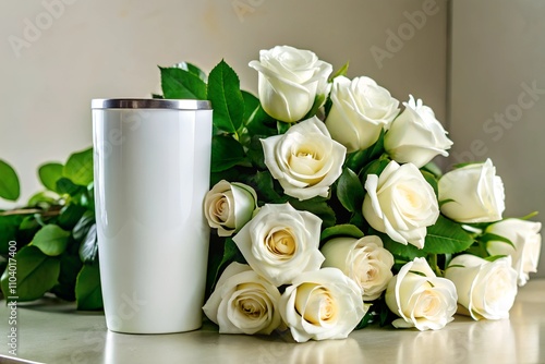 Elegant white tumbler mockup with a lush bouquet of cream roses and green foliage on a neutral background. Ideal for showcasing designs for weddings, Mother’s Day, or spring events.