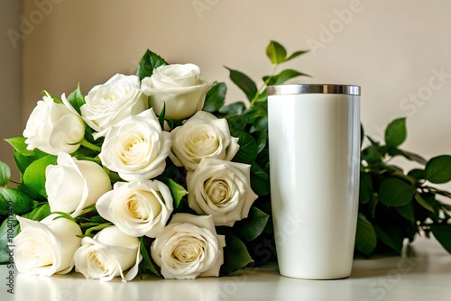  White tumbler mockup with a bouquet of elegant white roses and lush greenery on a light background. Perfect for showcasing custom designs. Includes ample copy space.