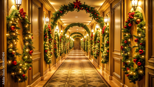 Long Corridor with Golden Lights and Christmas Wreaths. Perfect for: Christmas, Winter Events, Office Parties