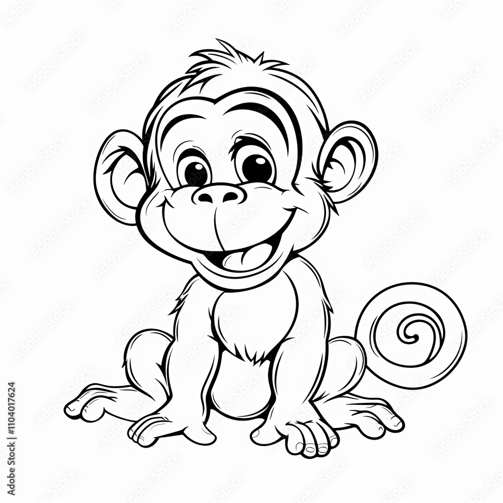 Fototapeta premium Cute cartoon monkey character, smiling happily with big eyes and playful expression.