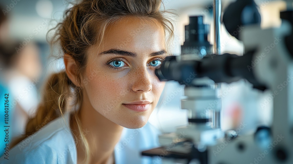 A young woman examines a microscope, showcasing a scientific environment and focus on research. A young woman examines a microscope, showcasing a scientific environment and focus on research.