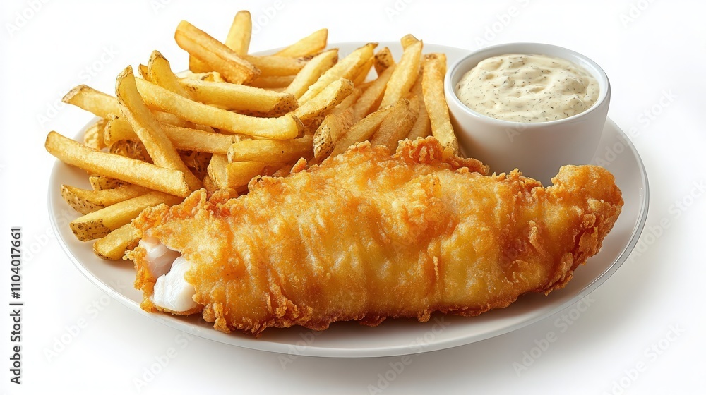 A traditional English fish and chips with golden fried fish, crispy fries, and a side of tartar sauce A traditional English fish and chips with golden fried fish, crispy fries, and a side of tartar sauce
