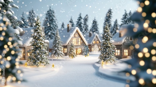 Snowy Winter Village Scene with Christmas Trees and Warm Lights photo