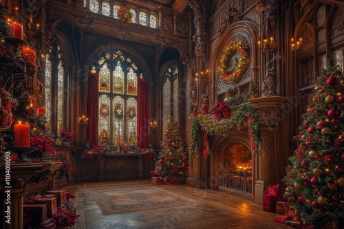 A cozy room adorned with twinkling Christmas lights, a crackling fireplace, vibrant ornaments, and a vintage clock, exuding festive warmth and joy.