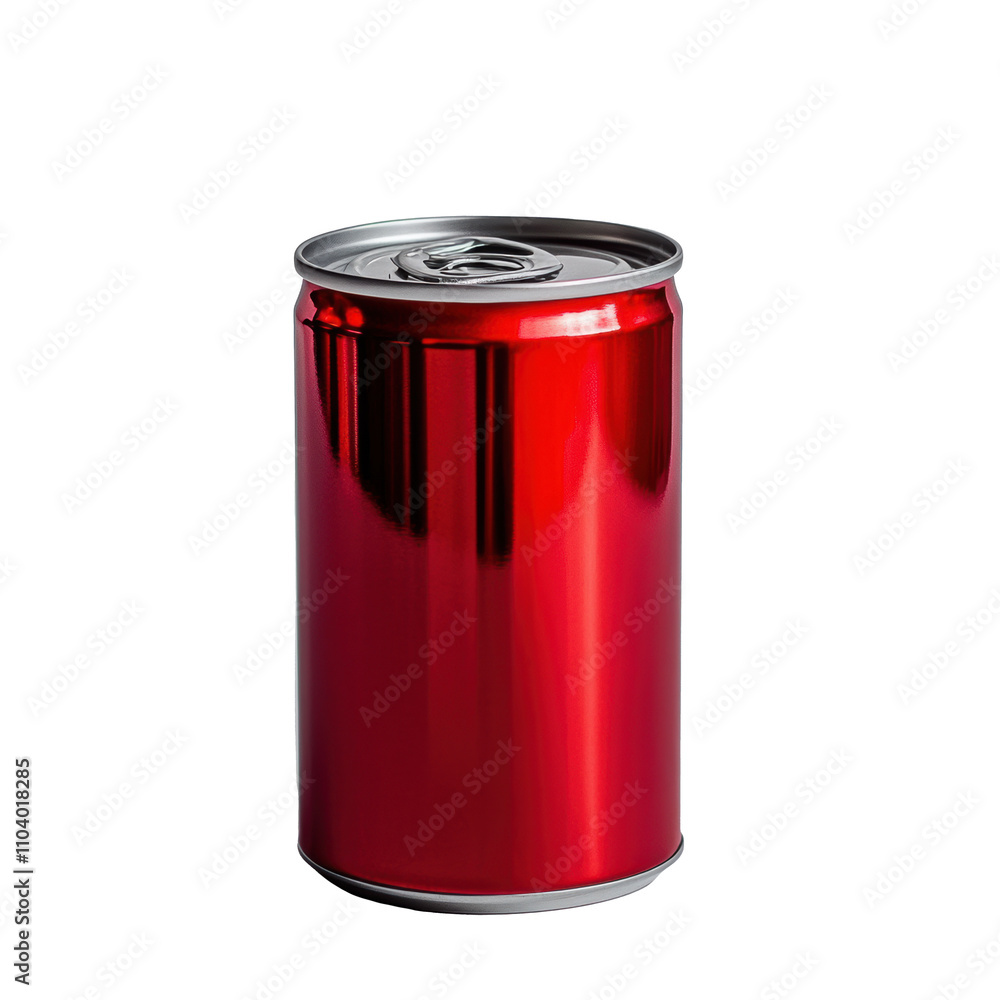 Bright red beverage can standing on a white surface on transported background Bright red beverage can standing on a white surface on transported background
