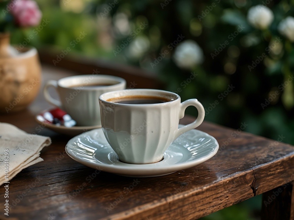 A cup of coffee for guests after a garden gathering. A cup of coffee for guests after a garden gathering.