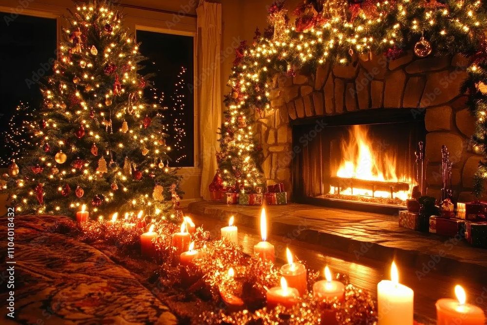 Soft candlelight flickers by a cozy fireplace, casting warm shadows on beautifully decorated Christmas trees, creating a magical holiday ambiance. Soft candlelight flickers by a cozy fireplace, casting warm shadows on beautifully decorated Christmas trees, creating a magical holiday ambiance.