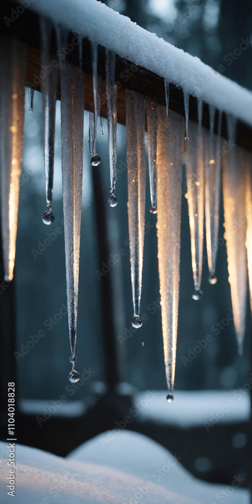 Beautiful huge icicles hanging from the roof of the house Beautiful huge icicles hanging from the roof of the house
