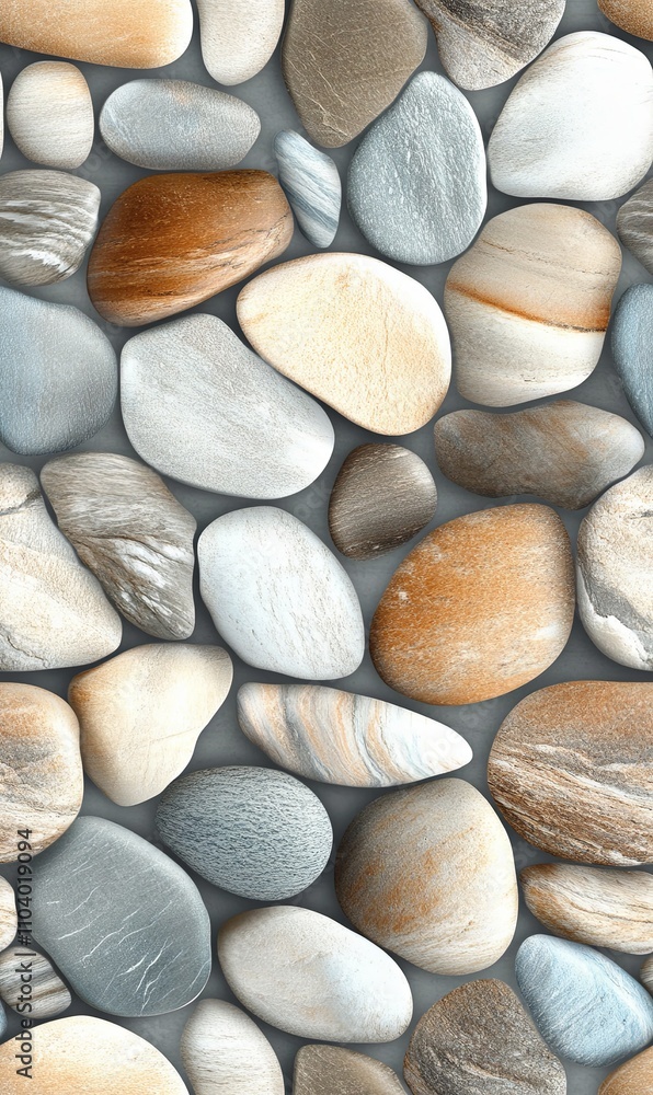 Abstract pattern of various colored, textured stones.  Close-up view of a decorative design featuring different shades of beige, tan, gray, and white stones, with natural patterns and shapes.