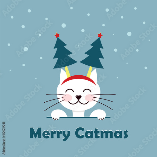 Cute Merry Catmas card, white kitty with christmas tree headband on, square vector illustration