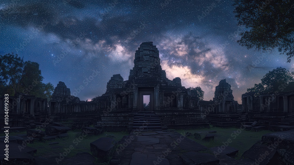 Milky Way Over Ancient Jungle Temple - Generative AI Milky Way Over Ancient Jungle Temple - Generative AI