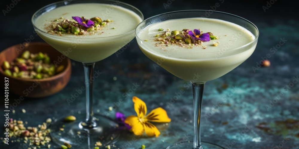 A creamy pistachio martini with crushed pistachio rim and delicate edible flowers, A creamy pistachio martini with crushed pistachio rim and delicate edible flowers,