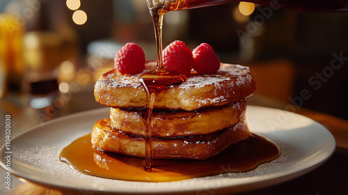 Pouring Syrup On A Stack Of French Toast